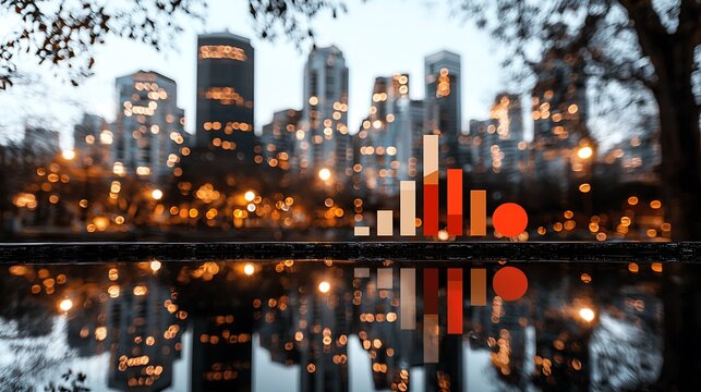 City skyline reflecting in water, bar graph overlaid, financial growth - Powered by Adobe