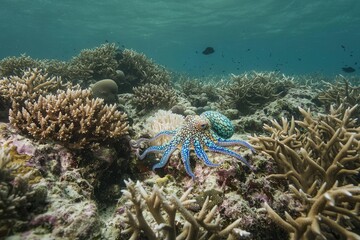 Fototapeta premium A blue-ringed octopus camouflaged among coral reefs in the Great Barrier Reef, tentacles poised for prey