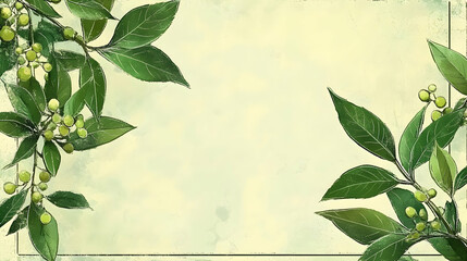 Obraz premium Green leaves frame, watercolor, nature background, invitation