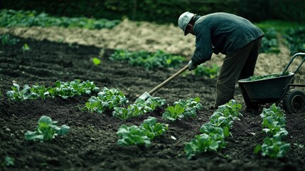 Gardener weeding a vegetable bed with young leafy greens in a rural outdoor setting