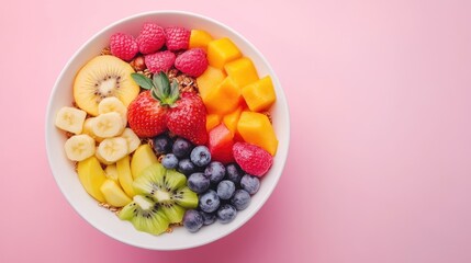 A breakfast bowl with granola, vibrant fruits, and nuts, perfectly plated on a soft pink and white gradient background.