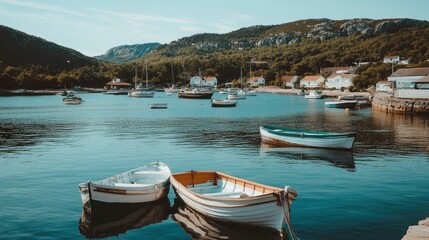 Obraz premium Calm Harbor Boats Docked Near Coastal Houses And Hills