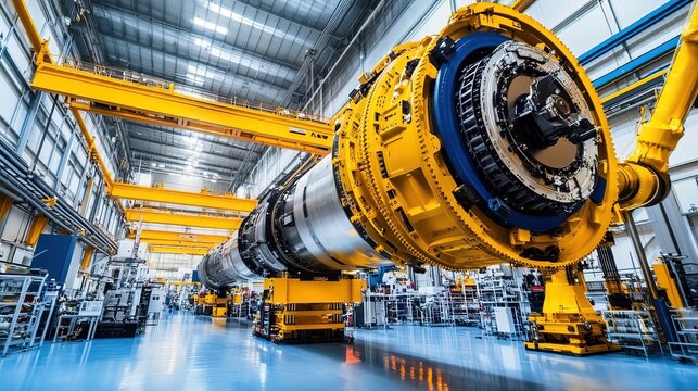 Rocket assembly facility interior showcasing advanced technology and precision engineering, where skilled technicians meticulously construct and test spacecraft components
