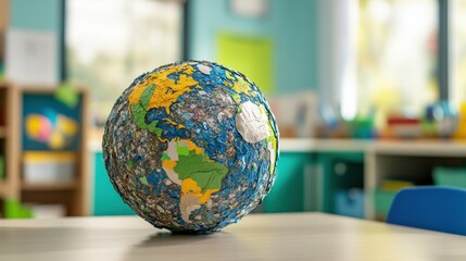 The globe in the classroom is used to teach geography. Globe on a table in a colorful classroom setting, symbolizing education and geography.