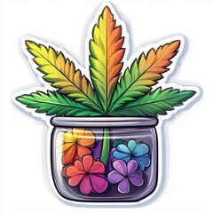 Obraz premium vibrant illustration of a jar filled with colorful flowers in shades of red, orange, pink, purple, and blue, topped with a rainbow-hued cannabis leaf. The playful design is set against a white backgro