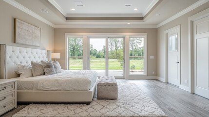 Fototapeta premium Modern bedroom with large windows overlooking a serene landscape in daylight