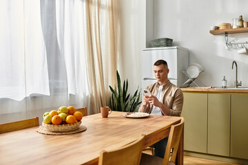 A young man enjoys a peaceful moment in his modern apartment while relaxing with food and a phone.