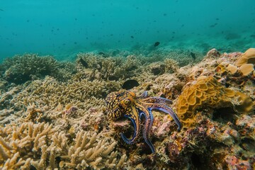 A blue-ringed octopus camouflaged among coral reefs in the Great Barrier Reef, tentacles poised for prey