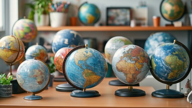 The globe in the classroom is used to teach geography. A collection of decorative globes displayed on a wooden table in a bright room.