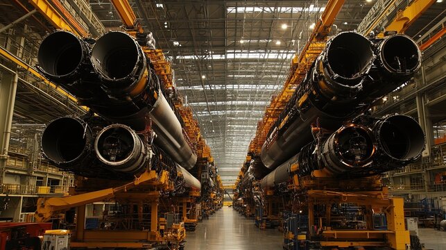 Rocket assembly facility interior showcasing advanced technology and precision engineering, where skilled technicians meticulously construct and test spacecraft components
