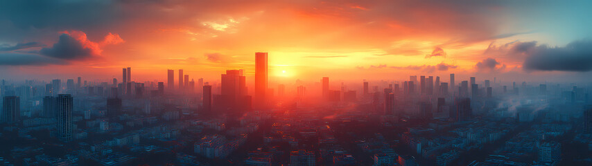 a metropolis at dawn, shrouded in a light mist. Morning sunlight pierces through the haze, highlighting modern architecture
