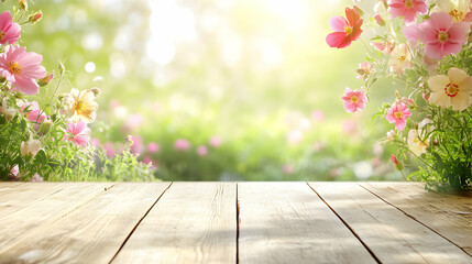 Serene Wooden Deck Surrounded by Colorful Blossoms and Soft Light