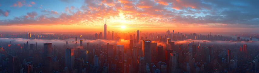 a metropolis at dawn, shrouded in a light mist. Morning sunlight pierces through the haze, highlighting modern architecture
