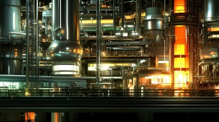 Industrial Complex Nighttime Scene Showing Glowing Furnaces