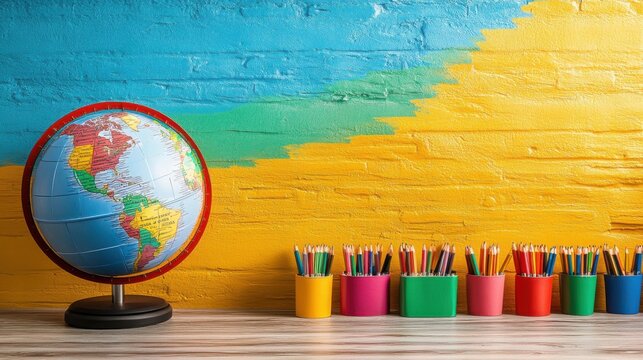 The globe in the classroom is used to teach geography. Colorful classroom scene with a globe and vibrant art supplies against a painted wall.
