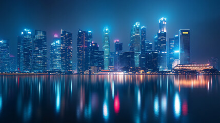 Fototapeta premium Night skyline of a vibrant city with illuminated skyscrapers and calm water reflections
