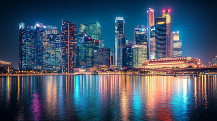 Obraz premium Stunning city skyline at night reflecting on water in Singapore with vibrant lights