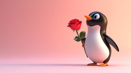 Naklejka premium A cheerful cartoon penguin holding a red rose, standing on a soft pink background for Valentine's Day.
