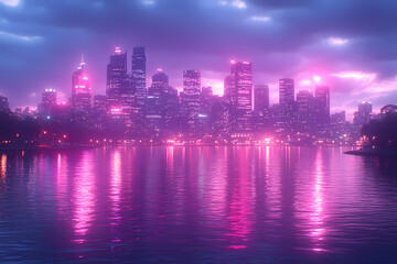 Fototapeta premium Cityscape under a deep sapphire sky, with neon lights and reflections in the water 
