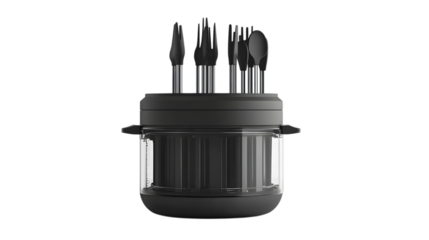 A compact food processor with a transparent work bowl and multiple blades, arranged centrally on a transparent background to showcase its precision engineering 