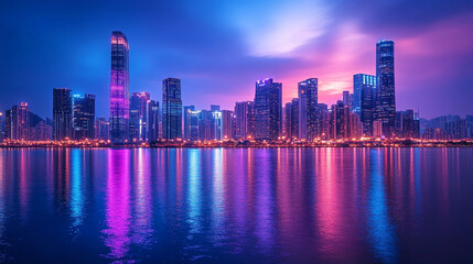 Fototapeta premium Vibrant city skyline and water reflections during twilight in a modern urban area