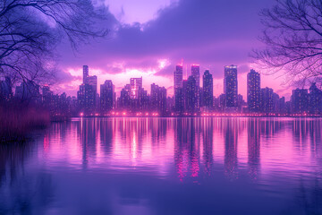 Cityscape under a deep sapphire sky, with neon lights and reflections in the water
