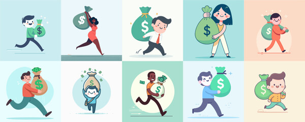 illustration set of someone carrying a bag of money