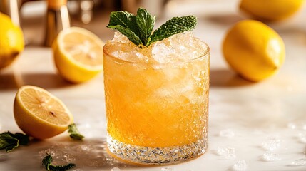 A chilled lemon drink with mint garnish, placed next to whole and sliced lemons, on a bright white background.