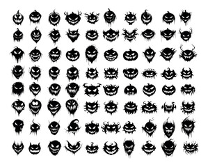 Fototapeta premium Different faces black ink icons vector set. Angry eyes fangs scary vegetable heads, grinning evil emotion tiny ghost horror monsters avatars, isolated on white background