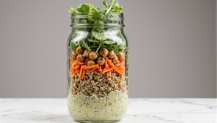 Fresh mason jar salad with greens quinoa chickpeas and avocado dressing