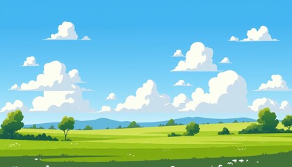 Idyllic Summer Landscape with Lush Green Fields and Fluffy Clouds