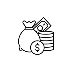 This collection includes thin line icons representing key finance concepts like money management, savings, loans, cash handling, and budgeting for improved visual communication and understanding