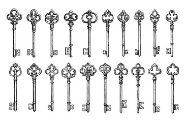 Door locks keys engraving vector set. Opening close old classic mechanism, access tools victorian retro vintage black ink sketch hand drawn grayscale isolated on white backdrop