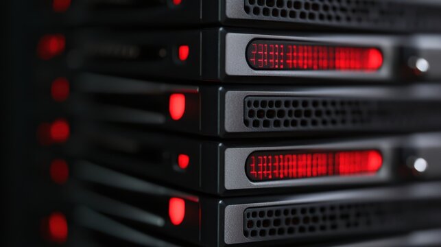 A detailed view of a server rack showcasing multiple red LEDs that indicate operational status and functionality.