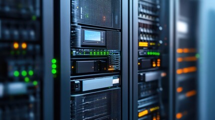 A row of servers with illuminated green lights, showcasing a modern data center's technology and infrastructure for efficient data processing.