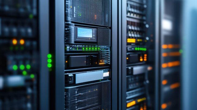 A row of servers with illuminated green lights, showcasing a modern data center's technology and infrastructure for efficient data processing. - Powered by Adobe