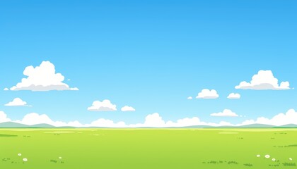 Serene Summer Meadow Under Blue Sky With Fluffy Clouds