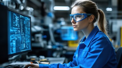 A woman in blue workwear sits focused at a computer, engaged with her monitor in a professional setting.