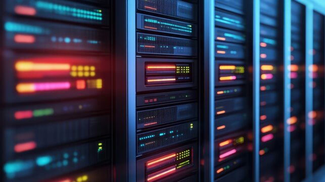 A detailed close-up view of multiple servers arranged in a server room, showcasing their intricate design and technological components.