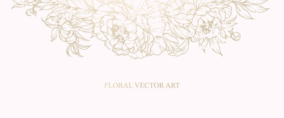 Luxury background with vintage bouquet of peonies pattern. Hand drawn botanical elegant flower in line art style with texture. Vector illustration for card, wedding invitation, wallpaper, cover © Victory