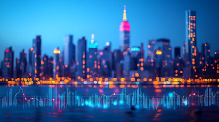 Fototapeta premium City skyline illuminated at night with colorful lights reflecting on the water
