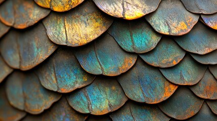 Close-Up of iridescent scales, textured surface, detailed pattern, vibrant colors, 