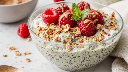 Delicious matcha chia pudding topped with raspberries granola almond butter coconut flakes and mint