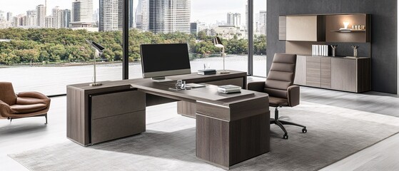 Fototapeta premium Modern Luxury Office Desk Workspace Design with City View