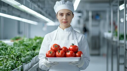 food safety concept. Professional chef holding fresh tomatoes in a modern kitchen setting.