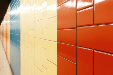 A wall with a variety of colored tiles, including yellow and red