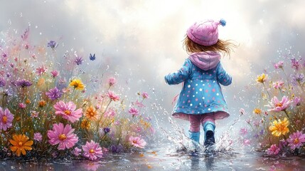 Fototapeta premium Little girl in turquoise polka dot raincoat and boots walking through puddles surrounded by flowers and splashes of water. Soft pastel oil painting for children's book design.