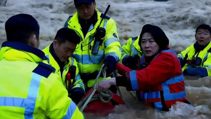 Rescue workers in safety vests saving lives during fast-moving floodwaters. Brave professionals using ropes to pull people to safety in natural disaster.
