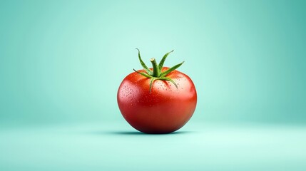 food safety concept. Fresh red tomato on a light blue background with water droplets.