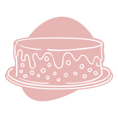 Delicious Drizzled Cake: A delectable line art illustration of a round cake, adorned with a luscious, drizzled icing, sitting on a cake stand against a blush pink background. Perfect for bakeries.